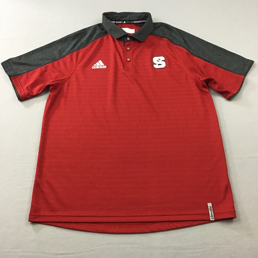 NC State Wolfpack Polo Shirt Men Large Red Black Adidas Climalite Logo NCAA L